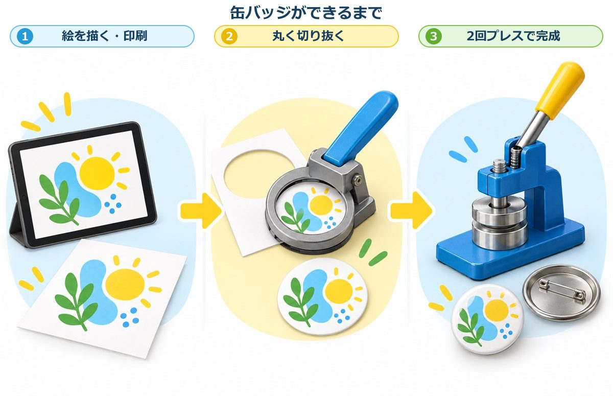 絵を描いて印刷し、丸く切り抜き、専用マシンで2回プレスして缶バッジを完成させる3工程